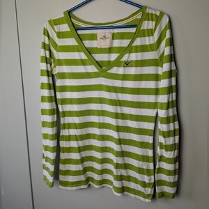 HOLLISTER Women Long Sleeves Shirt V Neck Striped Green And White Size L